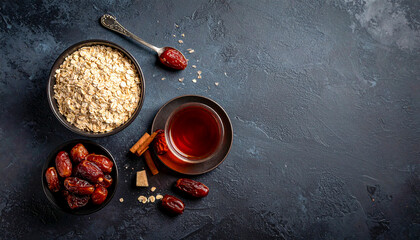 Healthy breakfast with oats, dates and tea on dark background