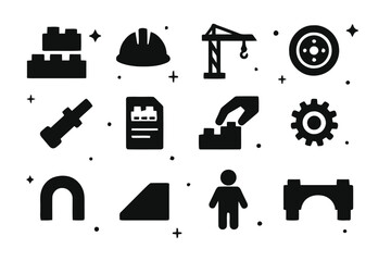 Naklejka premium LEGO Icon Set. LEGO Construction Play. Solid icons set of LEGO Construction Play: stacked bricks, builder hat, crane arm, wheel, connector peg, instruction