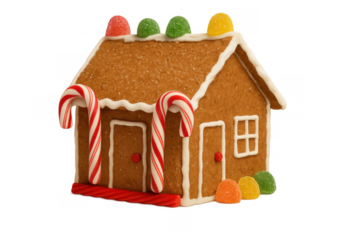 Gingerbread house decorated with white icing, colorful gumdrop candies, and striped candy canes, representing holiday baking