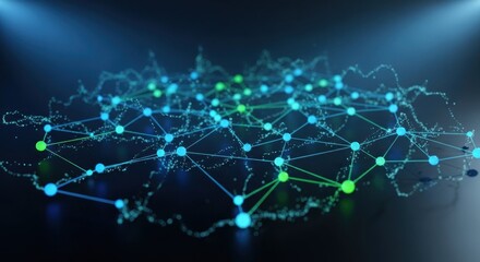 Abstract 3D rendering of interconnected nodes, glowing on a dark blue surface