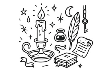 Vintage Candle Holder Doodle. Vintage candle holder. Hand-drawn doodle illustration Vintage candle holder candle, brass holder, tray, wax drip, feather, quill,