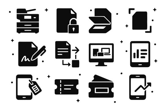 Document Management Icons. Document and device management. Solid icons set of document and device management: MFP printer, secure print release, scanner