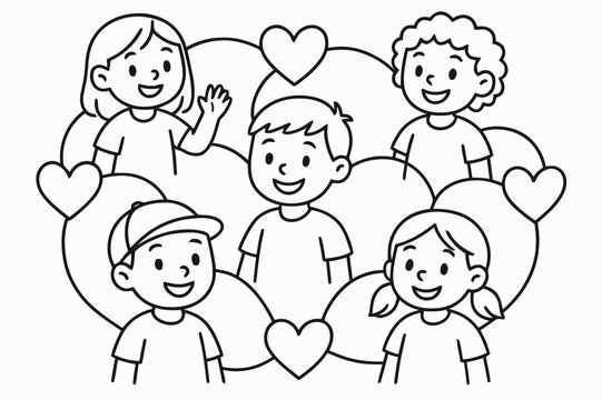 Friendship Heart Network Coloring. Non-monogamous friendship network children?s coloring book illustration, outlined drawing, happy group connected by heart