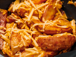 Ready made dish with wedges, garlic sauce and cheese in plastic tray on wooden table surface. Fast food made of high quality products ingredients. Lunch for cooking in microwave. Close up.