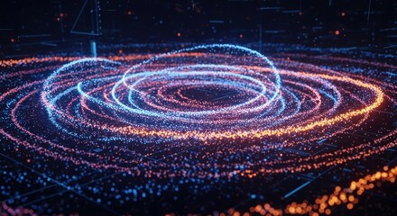 Abstract rendering of glowing orbital rings, cosmic energy, and digital particles