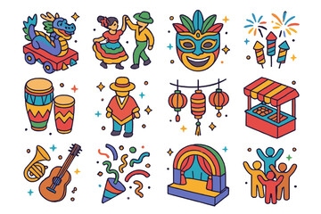Cultural Icons Celebration. Cultural celebration. Colorful isometric vector icons set of cultural celebration: parade float, traditional dance, festival mask,