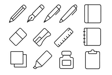 Obraz premium Writing Tools Icons. Writing Tools. Line icon set of Writing Tools: pencil, fountain pen, ballpoint pen, mechanical pencil, eraser, sharpener, ruler, notebook,