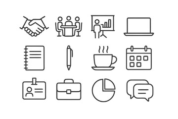 Fototapeta premium Client Meeting Icons. Client Meeting. Line icon set of Client Meeting: handshake, conference table, presentation screen, laptop, notepad, pen, coffee cup,