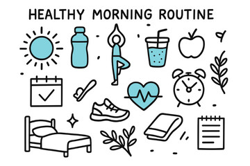 Fototapeta premium Energizing Morning Doodle. Healthy morning routine. Hand-drawn doodle illustration healthy morning routine [sunrise (accented), water bottle (accented), yoga