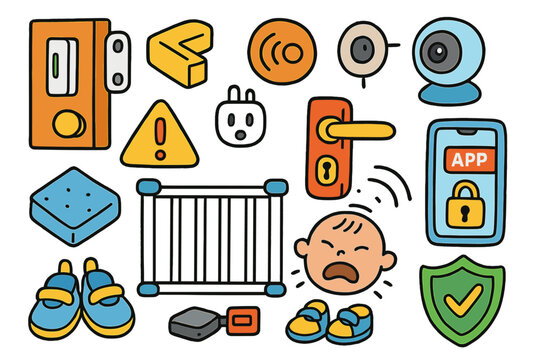 Babyproofing Technology Essentials. Safety and babyproofing tech. Colorful Hand-drawn doodle Children illustration Safety and babyproofing tech door sensor,