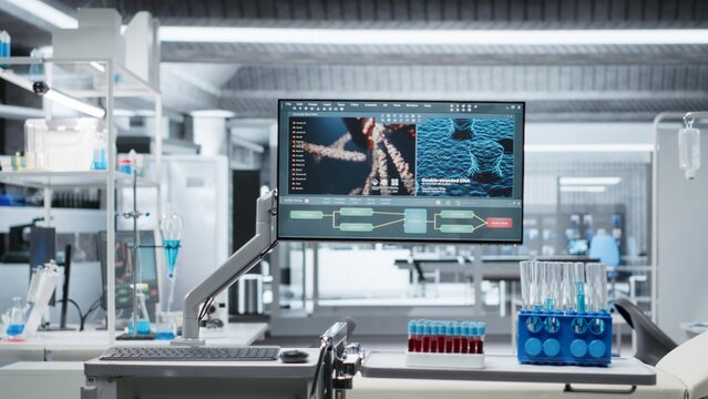Empty lab filled with modern research equipment and computer screens ready for observation, testing and analysis. Symbolizing innovation and biotechnology development in healthcare and biomedicine.