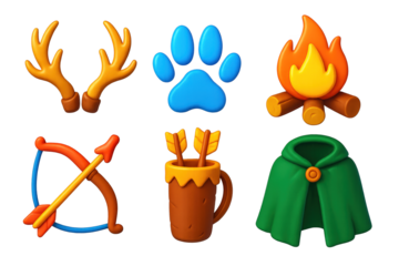Woodland Hunting Icon Set. 3D icon set of woodland hunting: deer antler, rabbit track, campfire, hunting bow, leather quiver,