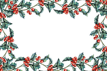 Watercolor Christmas frame made of green holly leaves and red berries, arranged in a festive border. Illustration for holiday cards, invitations, packaging, and winter decorations.