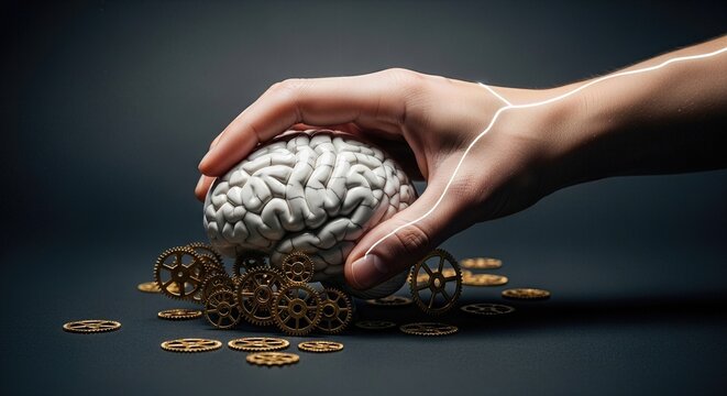 Human hand touching brain model with gears symbolizing Parkinson's disease progression, neurological disorder concept, slow movement.