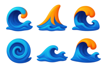 Vibrant Ocean Icon Set. 3D icon set of wave motion: rolling wave, tidal crest, breaking surf, spiral whirlpool, ocean swell, water