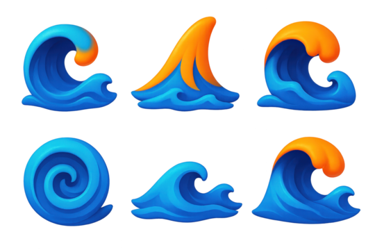 Vibrant Ocean Icon Set. 3D icon set of wave motion: rolling wave, tidal crest, breaking surf, spiral whirlpool, ocean swell, water