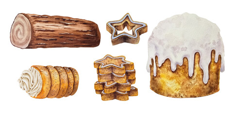 Watercolor clipart set of five festive desserts yule log, trdelnik, stack of gingerbread cookies and iced Christmas cake. Illustration for food packaging, bakery labels, and holiday decor.