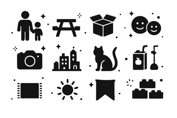 Obraz premium Family LEGO Icons. Family LEGO Day. Solid icons set of Family LEGO Day: parent and child, picnic table, open box, smiling faces, camera, completed city, cat