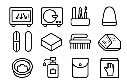 Nail Sterilization Icons. Nail care sterilization. Line icon set of nail care sterilization: UV sterilizer cabinet, autoclave, manicure tools tray, cuticle