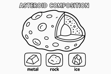 Fototapeta premium Asteroid Composition Coloring. Asteroid composition children?s coloring book illustration, outlined drawing, cutaway asteroid showing layers with icons for