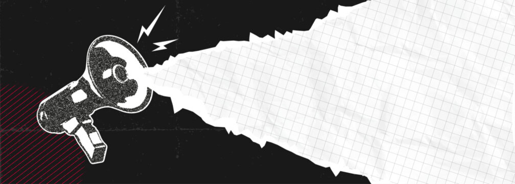 Trendy Halftone Stipple Collage Megaphone with torn paper edge. Promotion banner with space for your design. Social media announcing and marketing. Vintage and grunge. Vector illustration art