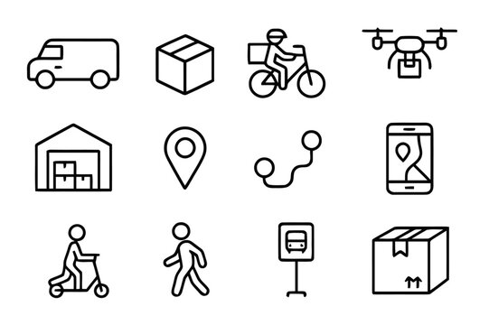 Efficient Logistics Icons. Efficient logistics. Line icon set of efficient logistics: delivery van, package, bicycle courier, drone, warehouse, map marker,