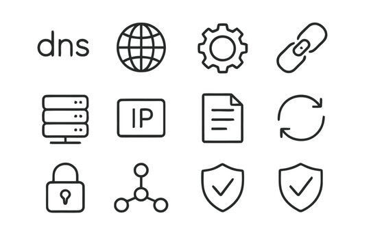 DNS Management Icons. DNS management. Line icon set of DNS management: dns letters, globe, gear, link, server, ip address, document, refresh arrows, padlock,