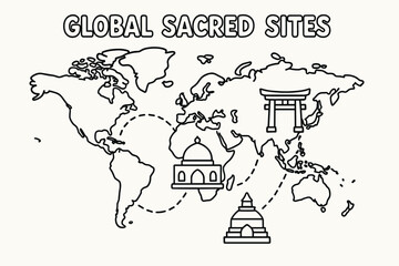 Sacred Sites Coloring Map. Global sacred sites children?s coloring book illustration, outlined drawing, a simple world map with tiny landmark icons like a