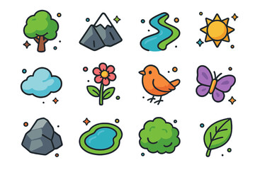 Colorful Outdoor Icons. Outdoor elements. Colorful isometric vector icons set of outdoor elements: tree, mountain, river, sun, cloud, flower, bird, butterfly,