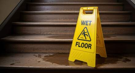 Wet floor sign on wooden stairs with visible water stains cautioning passersby. Wet floor sign serves essential safety purpose, preventing slips and ensuring awareness on stairs.