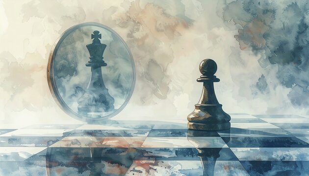 Chess pawn looking into mirror seeing a king representing ambition, self-belief and personal growth in life decisions and mindset transformation
