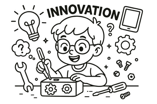 Inventive Kids' Coloring Page. innovation children?s coloring book illustration, outlined drawing, a child inventing something new with tools and gadgets,