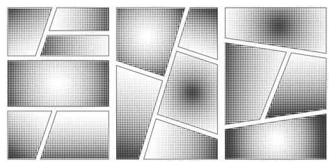 Naklejka premium Halftone comic manga book template set. Screentone page for superhero story. Collage grid manga with pop art dots effect. Panel layout or mockup. Action scene. Cartoon design. Vector illustration