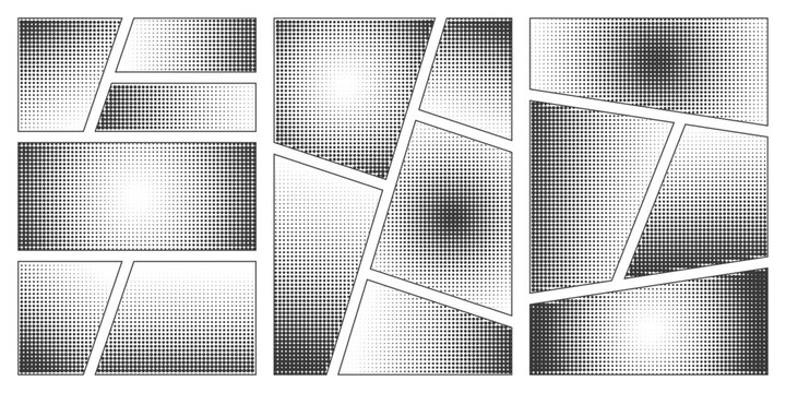 Halftone comic manga book template set. Screentone page for superhero story. Collage grid manga with pop art dots effect. Panel layout or mockup. Action scene. Cartoon design. Vector illustration