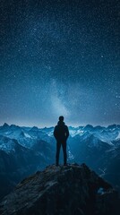 Dark-sky trips. Person standing on mountain ridge gazing at a starry sky, surrounded by majestic peaks, experiencing the beauty of nature and the vastness of the universe