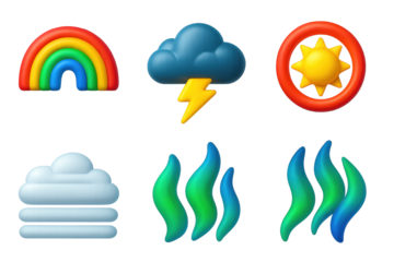 Atmospheric Icon Set. 3D icon set of atmospheric wonders: rainbow arc, thunderstorm cloud, lightning bolt, sun halo, fog layer,