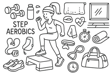 Step Aerobics Essentials. Step Aerobics. Hand-drawn doodle illustration Step Aerobics person stepping on aerobic step, dumbbells, water bottle,
