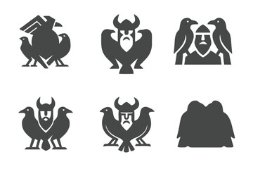 Obraz premium Mythical Deity Logos. Ancient gods and goddesses in a mystical landscape. Set Logo of Ancient gods and goddesses in a mystical landscape: Odin twin ravens.