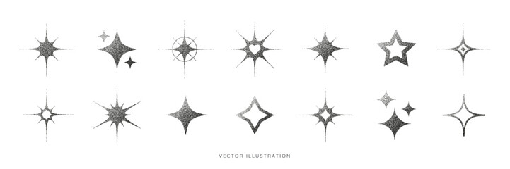Sparkles star icon set with stipple halftone effect. Twinkling stars with dotted grain texture. Social media elements. Grainy gradient starburst shape collection. Vector illustration art