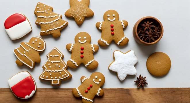 An assortment of decorated gingerbread cookies in festive shapes for Christmas, arranged on a wooden and white surface with star anise.