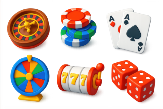 Games of Chance Icons. 3D icon set of games of chance: roulette wheel, poker chips, playing cards, spinning wheel, slot machine