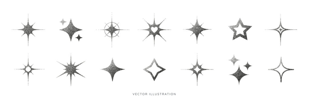 Sparkles star icon set with stipple halftone effect. Twinkling stars with dotted grain texture. Social media elements. Grainy gradient starburst shape collection. Vector illustration art
