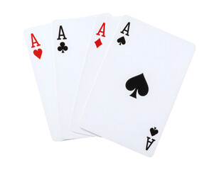 Four aces showing a winning hand in poker, representing luck, fortune, and high stakes gambling success.