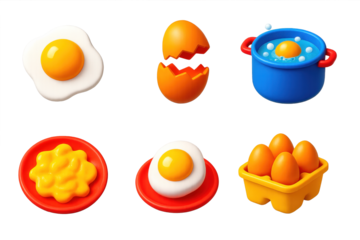 3D Egg Icons. 3D icon set of cooking eggs: fried egg, cracked shell, egg in boiling pot, scrambled eggs, poached egg, carton of
