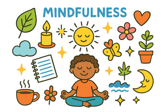 Mindfulness Icons. Mindfulness. Colorful Hand-drawn doodle Children illustration Mindfulness meditation pose, leaf, candle, sunshine, heart, sparkle, flower,