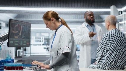 Researcher reviewing blood samples and keeps patient under observation for a clinical experiment, evaluating drug dosage and studying reactions. Progress in medical discovery. Camera B.