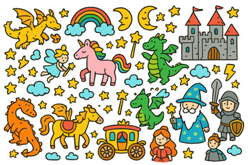 Obraz premium Fantasy Doodle Magic. Fantasy. Colorful Hand-drawn doodle Children illustration Fantasy dragons, unicorns, castles, magic wands, fairies, rainbows, clouds,