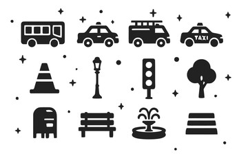 Obraz premium LEGO City Icons. LEGO City Elements. Solid icons set of LEGO City Elements: bus, police car, fire truck, taxi, construction cone, lamppost, stoplight, tree,