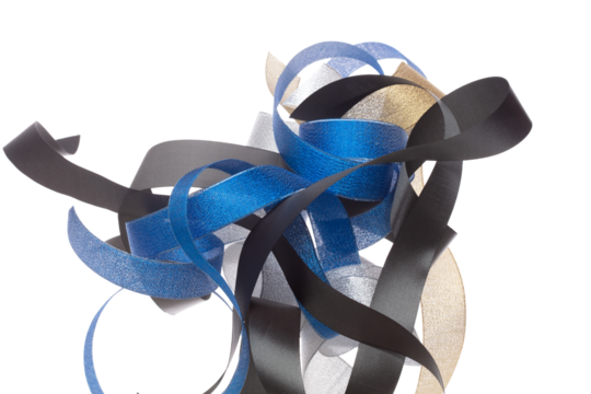 Colorful ribbon long straight fly in air with curve roll shiny. Blue silver gold black ribbon for present gift birthday party to wrap around decorate, blow fly in wind. White background isolated