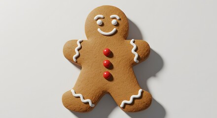 A classic gingerbread man cookie with white icing and red candy buttons on a plain white background.